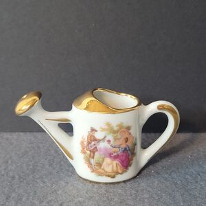 Vintage Limoges France Porcelain Miniature Watering Can Courting Couple 2" Tall